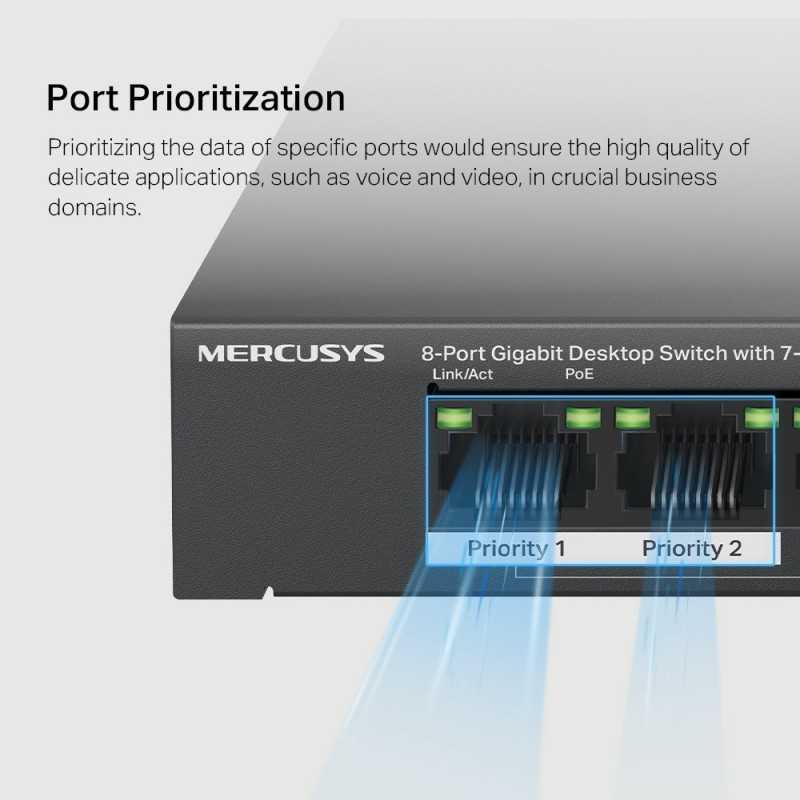 Switch Gigabit PoE+ MERCUSYS MS108GP - 8 Ports Dont 7 PoE+ (65W Total), Boîtier Métal - Idéal Pour Caméras IP