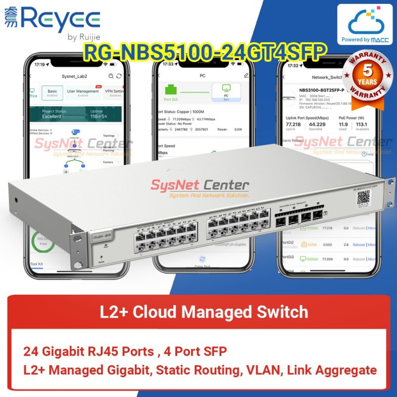 RG-NBS5200-24GT4XS Reyee L3 Managed Switch 24 Port Gigabit, 4 Port SFP+