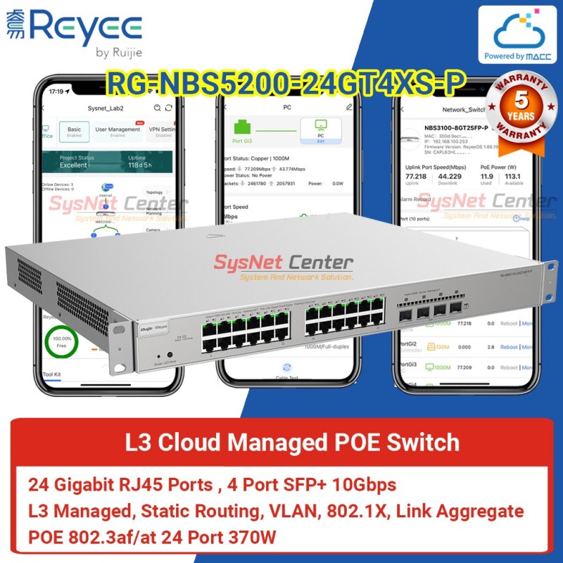 RG-NBS5200-24GT4XS-P Reyee L3 Managed POE Switch 24 Port Gigabit, 4 SFP+