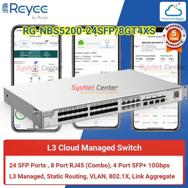 RG-NBS5200-24SFP/8GT4XS Reyee L3 Managed Switch 24 Port SFP, 4 Port SFP+