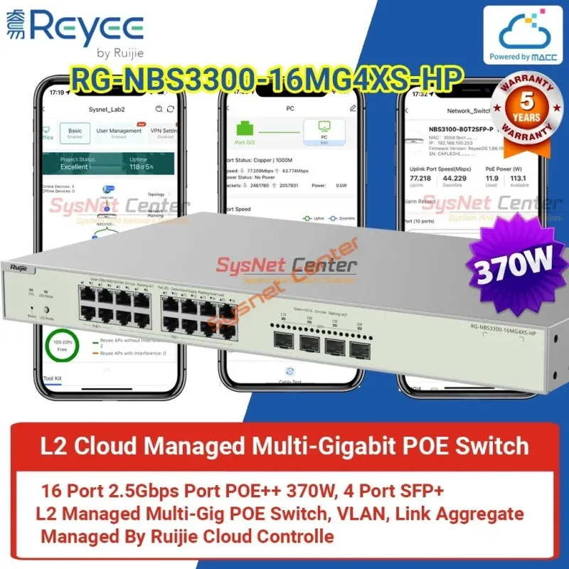 RG-NBS3300-16MG4XS-HP Reyee L2-Cloud Managed POE Muti-Gigabit Switch 16 Port 370W