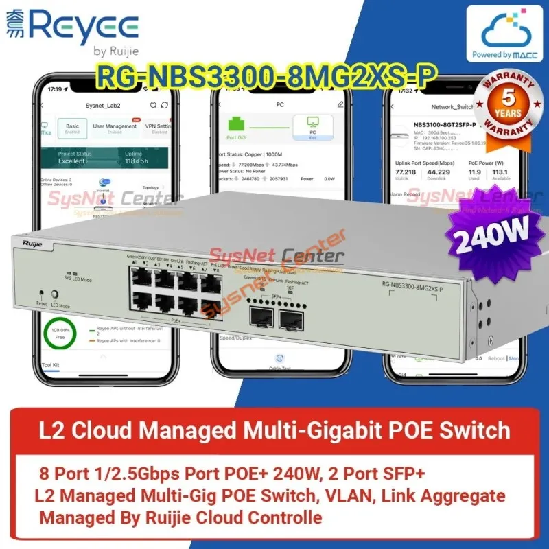 RG-NBS3300-8MG2XS-P Reyee L2-Cloud Managed POE Muti-Gigabit Switch 8 Port 240W RG-NBS3300-8MG2XS-P Reyee L2-Cloud Managed POE Muti-Gigabit Switch 8 Port 240W