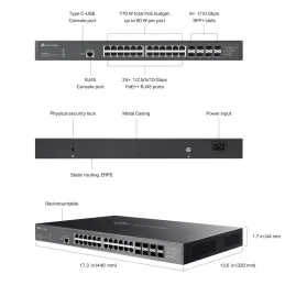 SX3832MPP TP-LINK Omada L2-Managed POE Switch 24-Port 10Gigabit, 8-Port SFP+ POE 770W