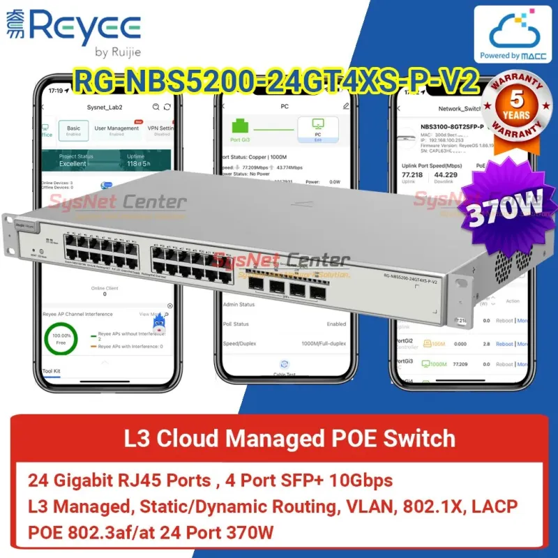 RG-NBS5200-24GT4XS-P-V2 Reyee L3-Managed POE Switch 24 Port Gigabit, 4 SFP+ RG-NBS5200-24GT4XS-P-V2 Reyee L3-Managed POE Switch 24 Port Gigabit, 4 SFP+