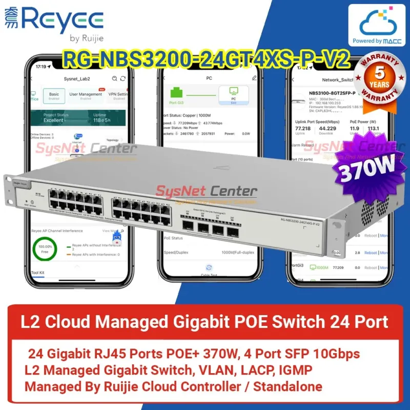 RG-NBS3200-24GT4XS-P-V2 Reyee L2 Cloud Managed POE Switch 24 Port Gigabit 370W RG-NBS3200-24GT4XS-P-V2 Reyee L2 Cloud Managed POE Switch 24 Port Gigabit 370W