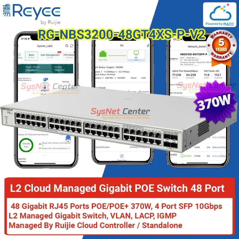RG-NBS3200-48GT4XS-P-V2 Reyee L2 Cloud Managed POE Switch 48 Port Gigabit 370W RG-NBS3200-48GT4XS-P-V2 Reyee L2 Cloud Managed POE Switch 48 Port Gigabit 370W
