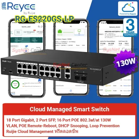 RG-ES220GS-LP Reyee Cloud Managed Smart POE Switch 18 Port Gigabit, 16 Port POE 130W