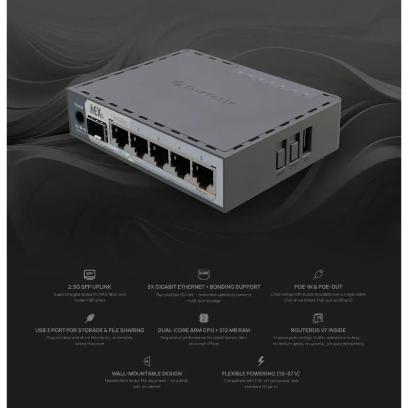Mikrotik Router hEX S (E60iUG) 2025 ROS Lv4, CPU ARM EN7562CT 950MHz RAM 512MB Mikrotik Router hEX S (E60iUG) 2025 ROS Lv4, CPU ARM EN7562CT 950MHz RAM 512MB