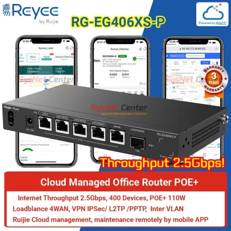 RG-EG406XS-P Reyee Cloud Router 4 WAN Internet 2.5Gbps, 400 Clients, POE