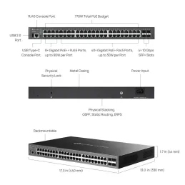 SG5452XMPP TP-Link Omada 48-Port Gigabit Stackable Lite L3 Managed PoE++ Switch, 4 SFP+, 770W