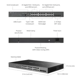 SG5428XMPP TP-Link Omada 24-Port Gigabit Stackable Lite L3 Managed PoE++ Switch, 4 SFP+, 500W