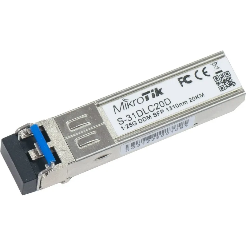 Mikrotik S-31DLC20D SFP transceiver เชื่อมต่อกับ Fiber Optic แบบ Single Mode หัวต่อแบบ LC ระยะทาง 20 กิโลเมตร