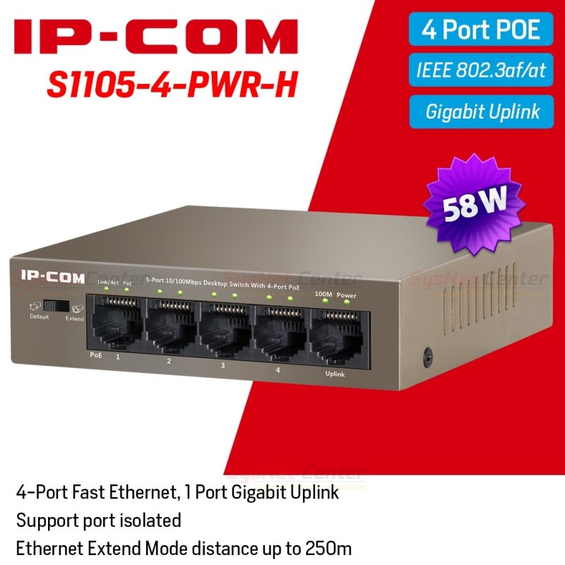 IP-COM S1105-4-PWR-H POE Switch 5 Port 100Mbps จ่ายไฟ POE 802.3af/at 4 Port 58W