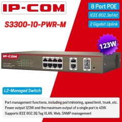 IP-COM S3300-10-PWR-M Web Smart PoE Switch 8 Port 10/100Mbps, 2 Port Gigabit จ่ายไฟ POE 802.3at/af 8 Port