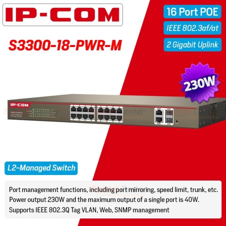IP-COM S3300-18-PWR-M Web Smart PoE Switch 16 Port 100Mbps, 2 Port Gigabit, POE 230W
