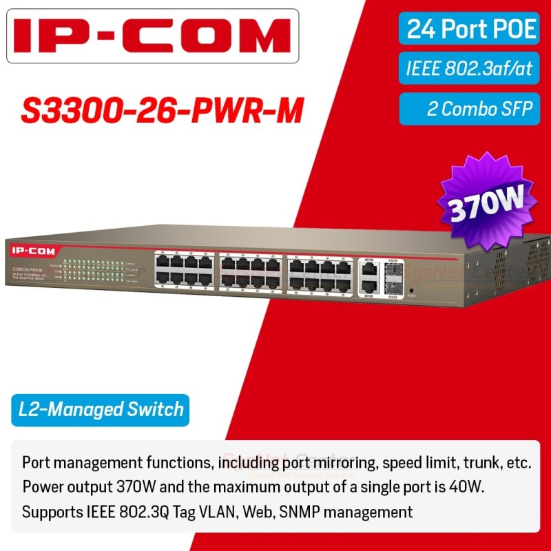 IP-COM S3300-26-PWR-M Web Smart PoE Switch 24 Port 100Mbps, 2 Port Gigabit/SFP POE 370W