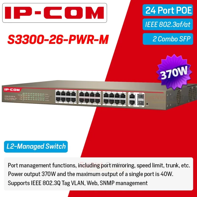 IP-COM S3300-26-PWR-M Web Smart PoE Switch 24 Port 100Mbps, 2 Port Gigabit/SFP POE 370W