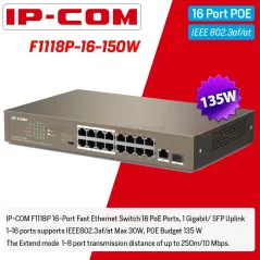 IP-COM F1118P-16-150 POE Switch 16 Port,1 Port Uplink Gigabit/SFP, POE 802.3at 135W