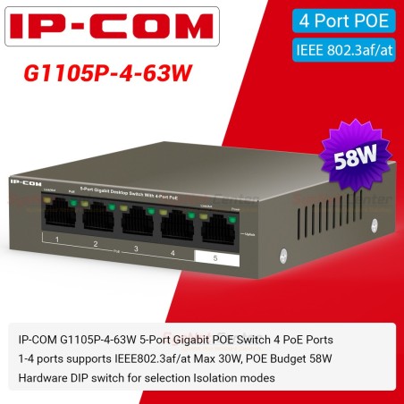 IP-COM G1105P-4-63W POE Switch 5 Port Gigabit 4 POE 802.3af/at 58W Port Isolate