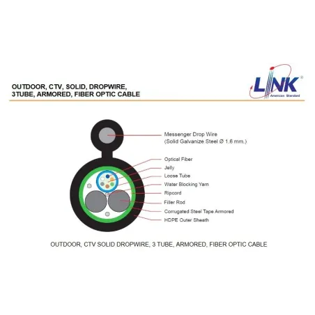 LINK UFC9506MDA F.O. CTV DROP WIRE,SOLID,3 TUBE,ARMORED 6CORE,OS2 9/125 μm,SM.