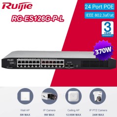 Ruijie Networks Ruijie RG-ES126G-P-L UnManaged Gigabit POE Switch 24 Port ,2 SFP POE 370W
