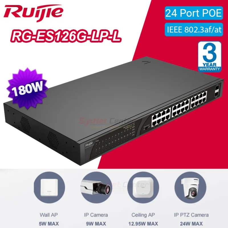 RG-ES126G-LP-L Ruijie UnManaged Gigabit POE Switch 24 Port ,2 SFP POE 180W