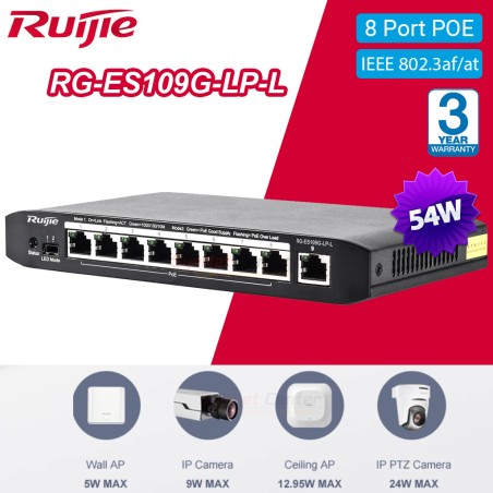 RG-ES109G-LP-L Ruijie UnManaged Gigabit POE Switch 8 Port, POE 54W