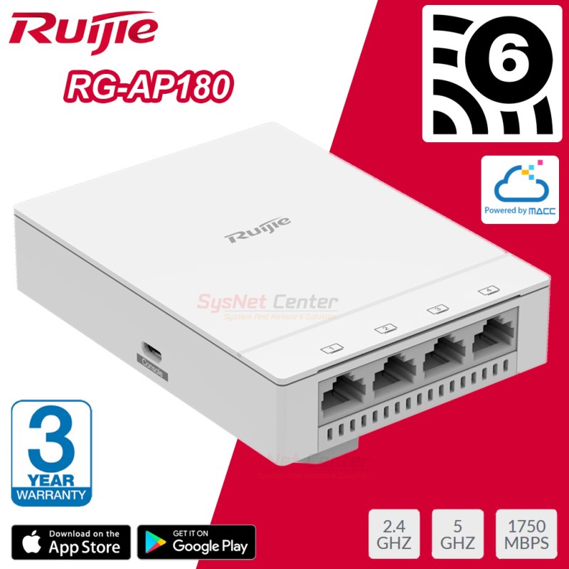 RG-AP180 Ruijie Wall Access Point AX Wi-Fi 6, 1.774Gbps, 5 Port Gigabit, Cloud Control