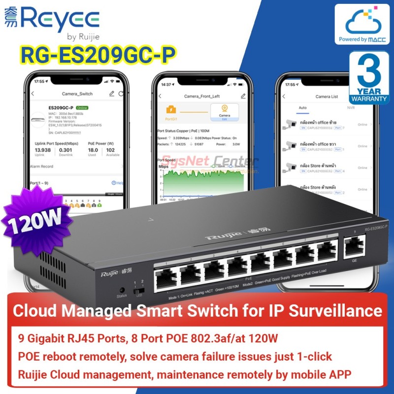 Ruijie Networks Reyee RG-ES209GC-P Cloud Managed Smart POE Switch 9 Port Gigabit, 8 Port POE 120W