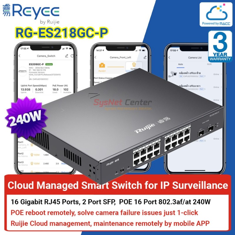 Ruijie Networks Reyee RG-ES218GC-P Cloud Managed Smart POE Switch 16 Port Gigabit, 16 Port POE 240W