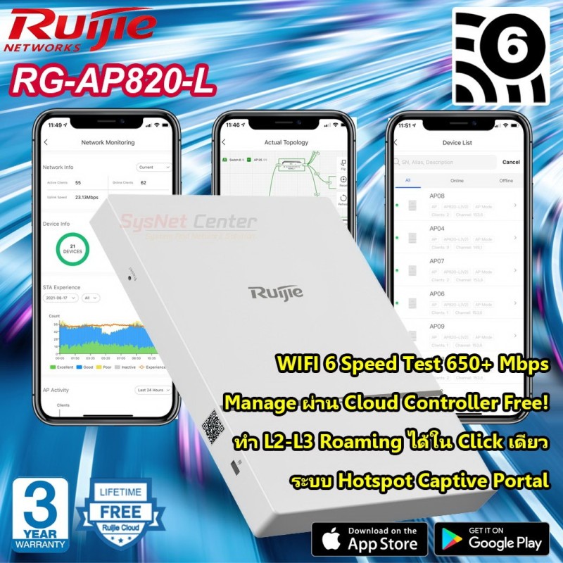 RG-AP820-L(V2) Ruijie Wireless Access Point ax 2x2 MIMO, 1.775Gbps Cloud Control