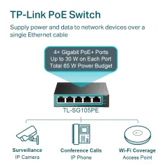 TL-SG105PE TP-LINK 5-Port Gigabit Easy Smart Switch 4-Port PoE+, 65W