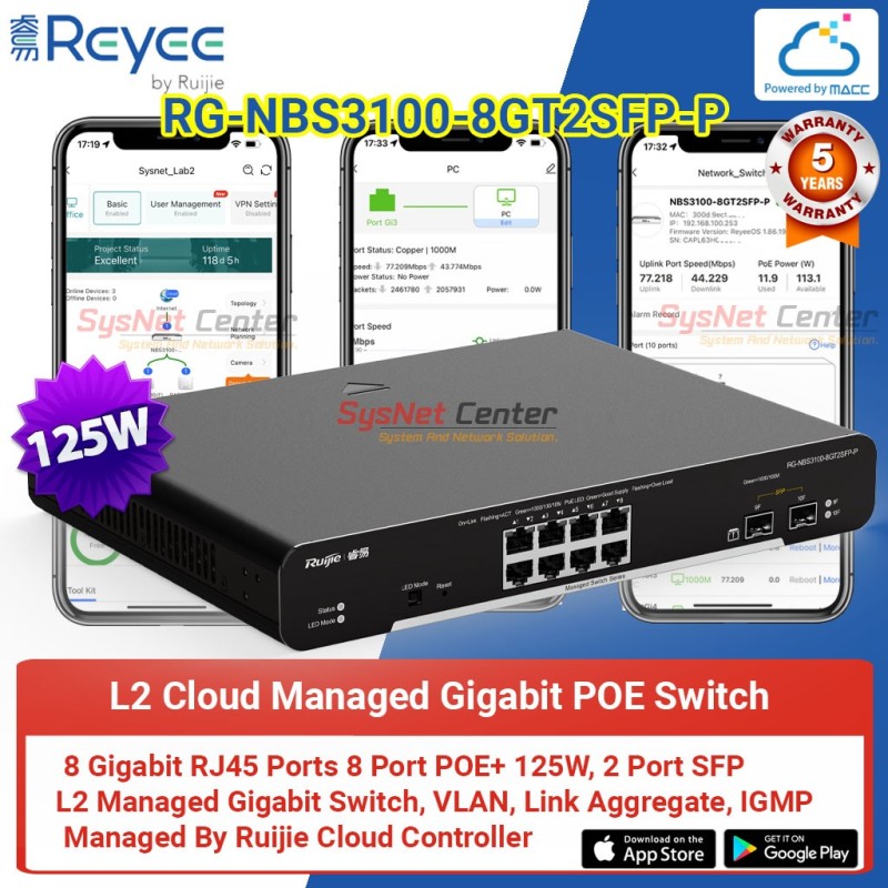 RG-NBS3100-8GT2SFP-P Reyee Gigabit Managed POE Switch 8 Port
