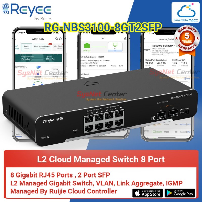 RG-NBS3100-8GT2SFP Reyee L2 Cloud Managed Switch 8 Port Gigabit, 2 Port SFP
