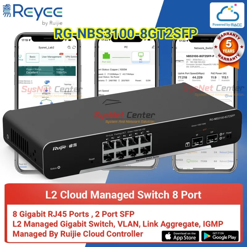 RG-NBS3100-8GT2SFP Reyee L2 Cloud Managed Switch 8 Port Gigabit, 2 Port SFP