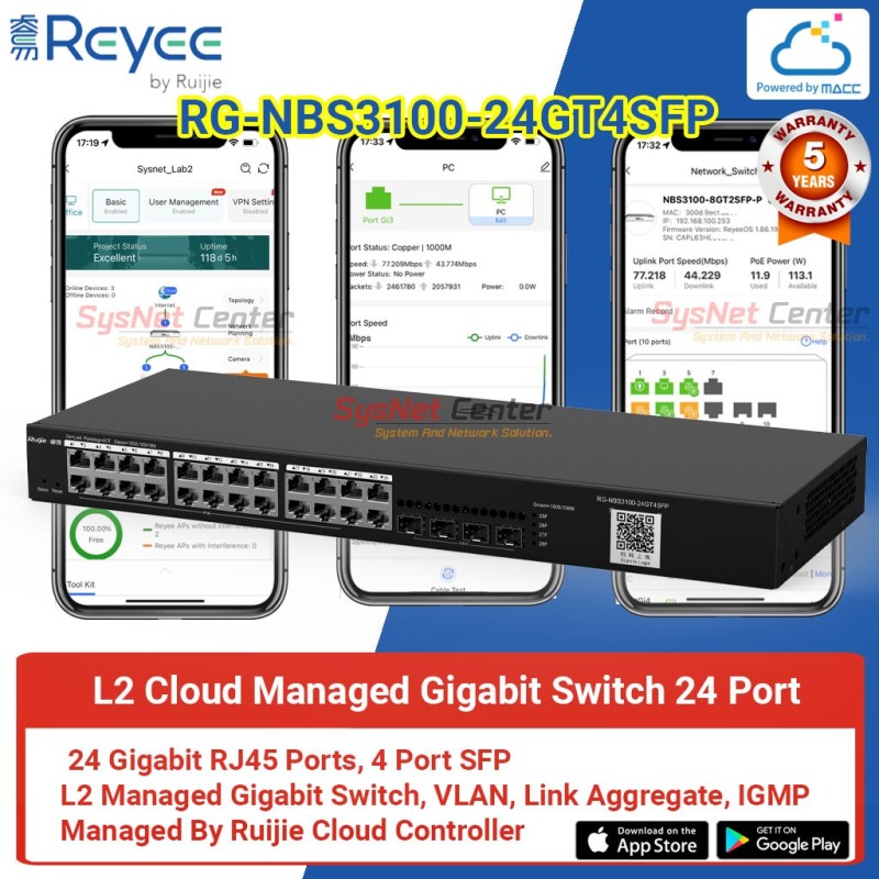 RG-NBS3100-24GT4SFP Reyee L2 Cloud Managed Switch 24 Port Gigabit, 4 Port SFP