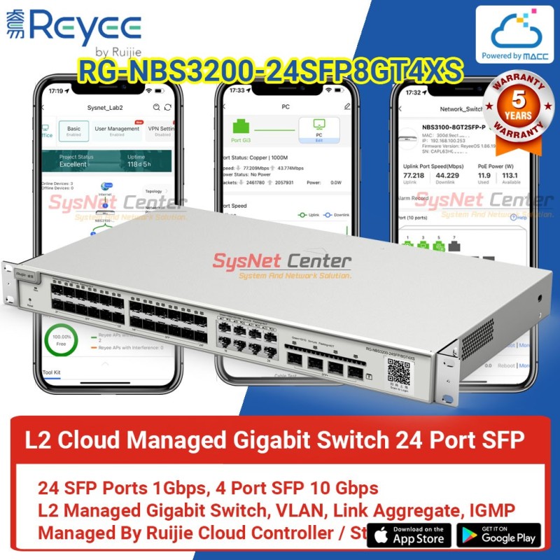 RG-NBS3200-24SFP/8GT4XS Reyee L2 Cloud Managed SFP Switch 24 Port, 4 Port SFP+