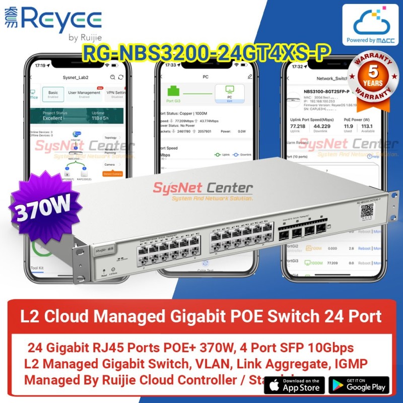 RG-NBS3200-24GT4XS-P Reyee L2 Cloud Managed POE Switch 24 Port Gigabit 370W