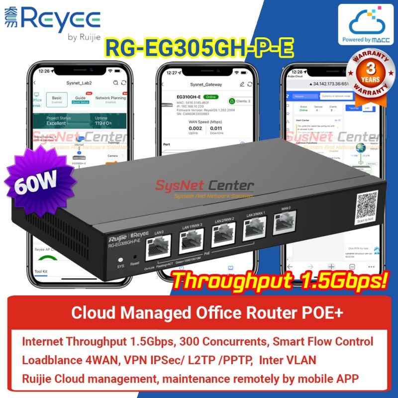 RG-EG305GH-P-E Reyee Cloud Router 3 WAN, IPSec VPN, Internet 1.5Gbps