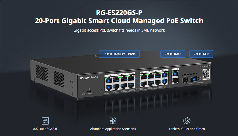RG-ES220GS-P Reyee Cloud Managed Smart POE Switch 20 Port Gigabit, 16 Port POE 250W