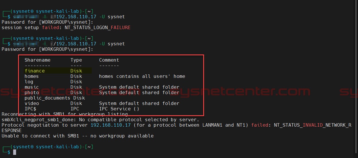 Kali เห็นรายชื่อ Shared Folder บน Synology NAS