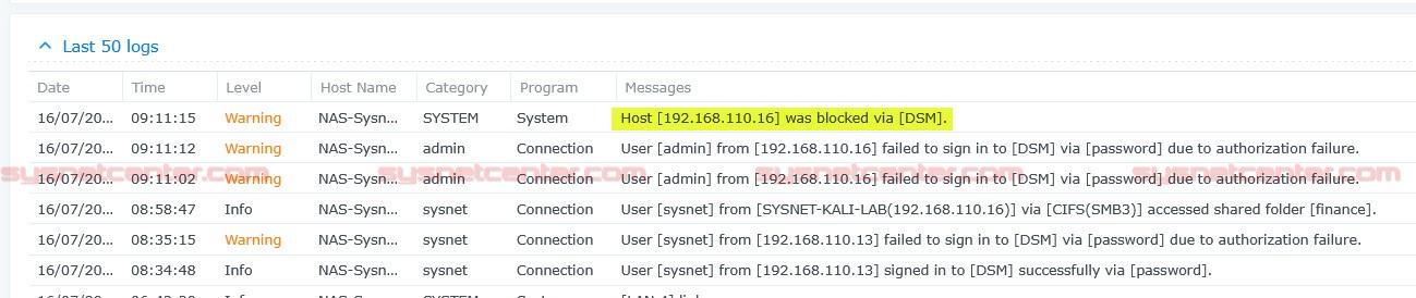 Synology NAS แสดง Log การ Login ผิดจากเครื่องทดสอบ