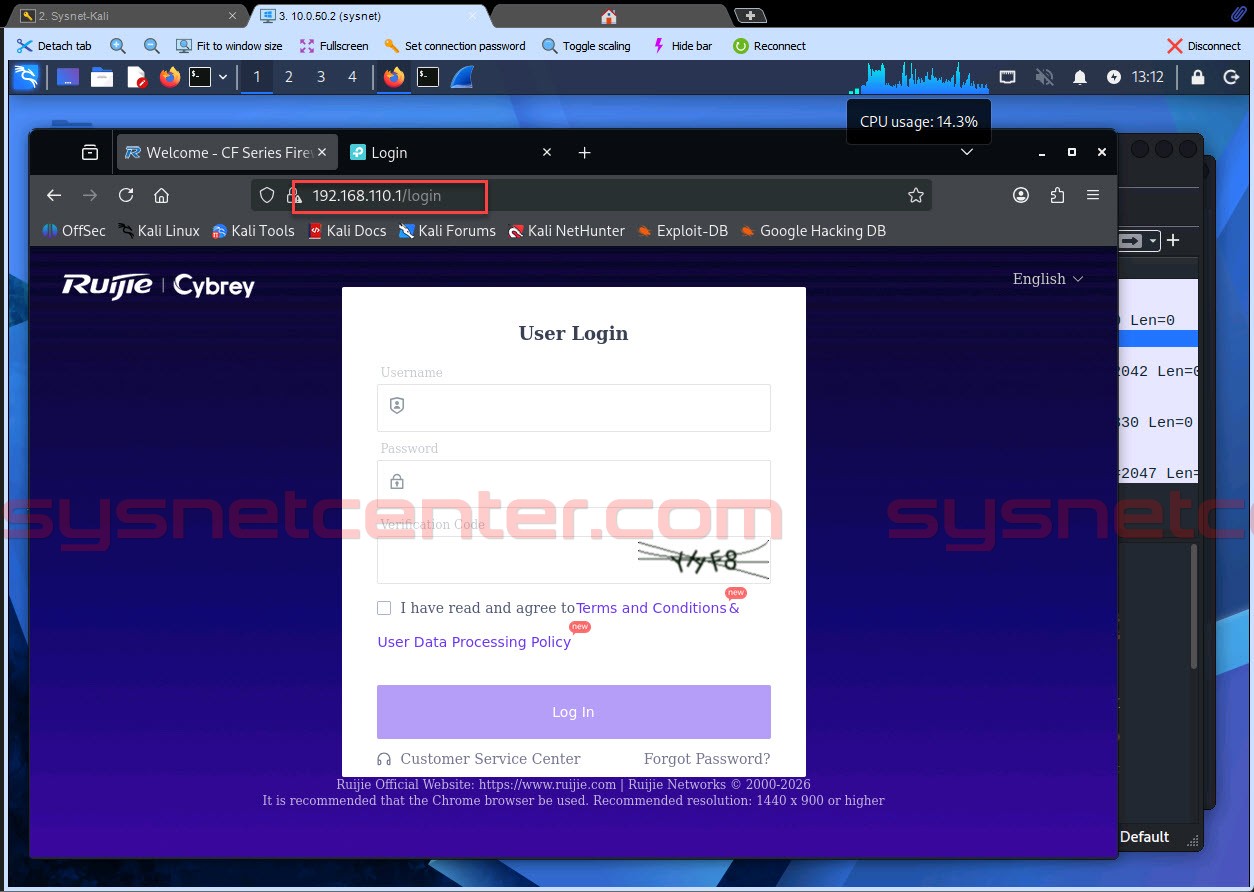 เครื่องทดสอบเข้าหน้า Login ของ Cybrey Firewall ผ่าน Gateway