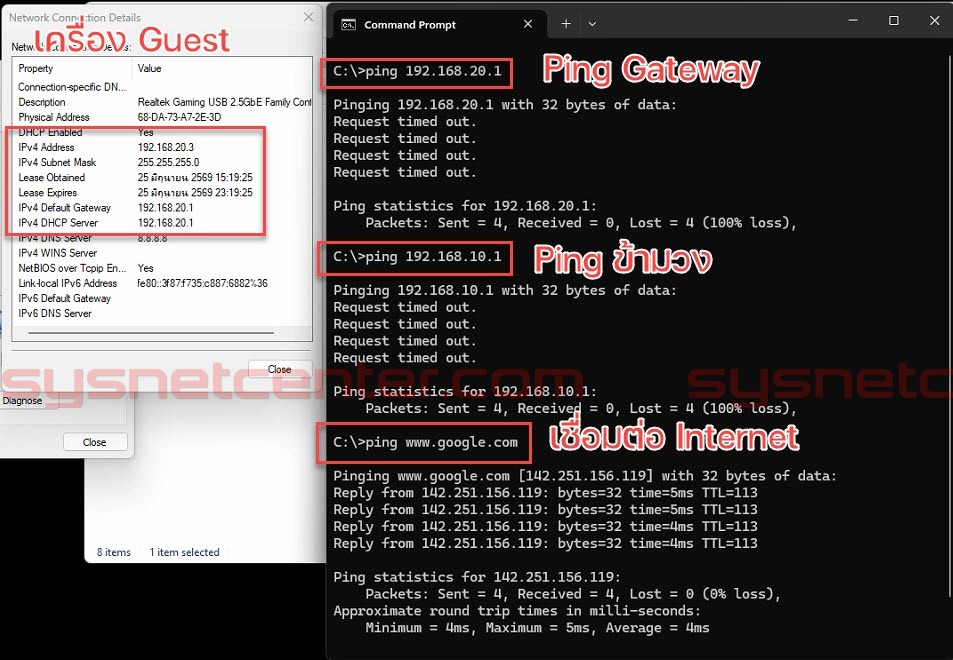 Windows เชื่อมต่อวง Guest ปกติจะเข้า IP Gateway ได้ แต่ Firewall มัน Block ออกได้แค่ Internet 