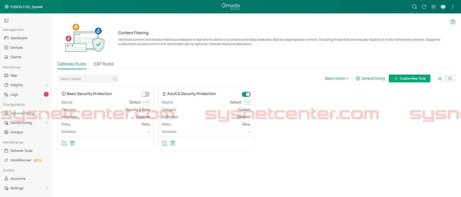 หน้าตั้งค่า Content Filtering ตามกลุ่มเว็บไซต์