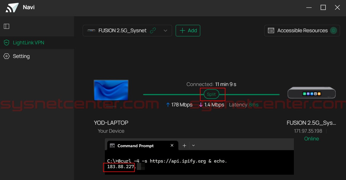 ทดสอบ Split Tunnel และเส้นทาง Internet ของ VPN Client