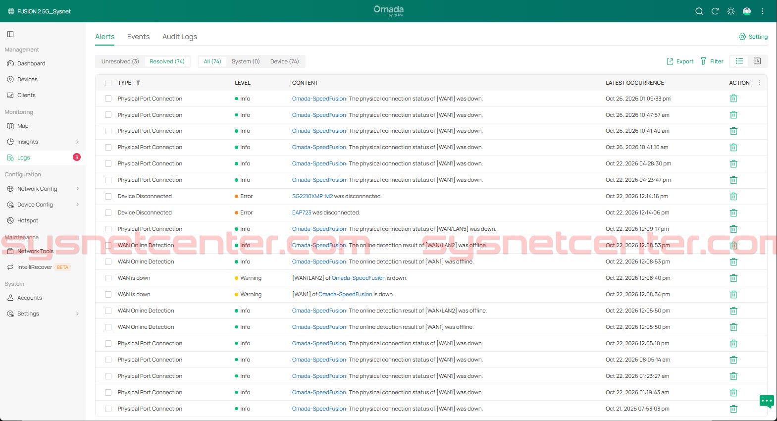 หน้า Alarm Log ใน Omada Fusion Controller