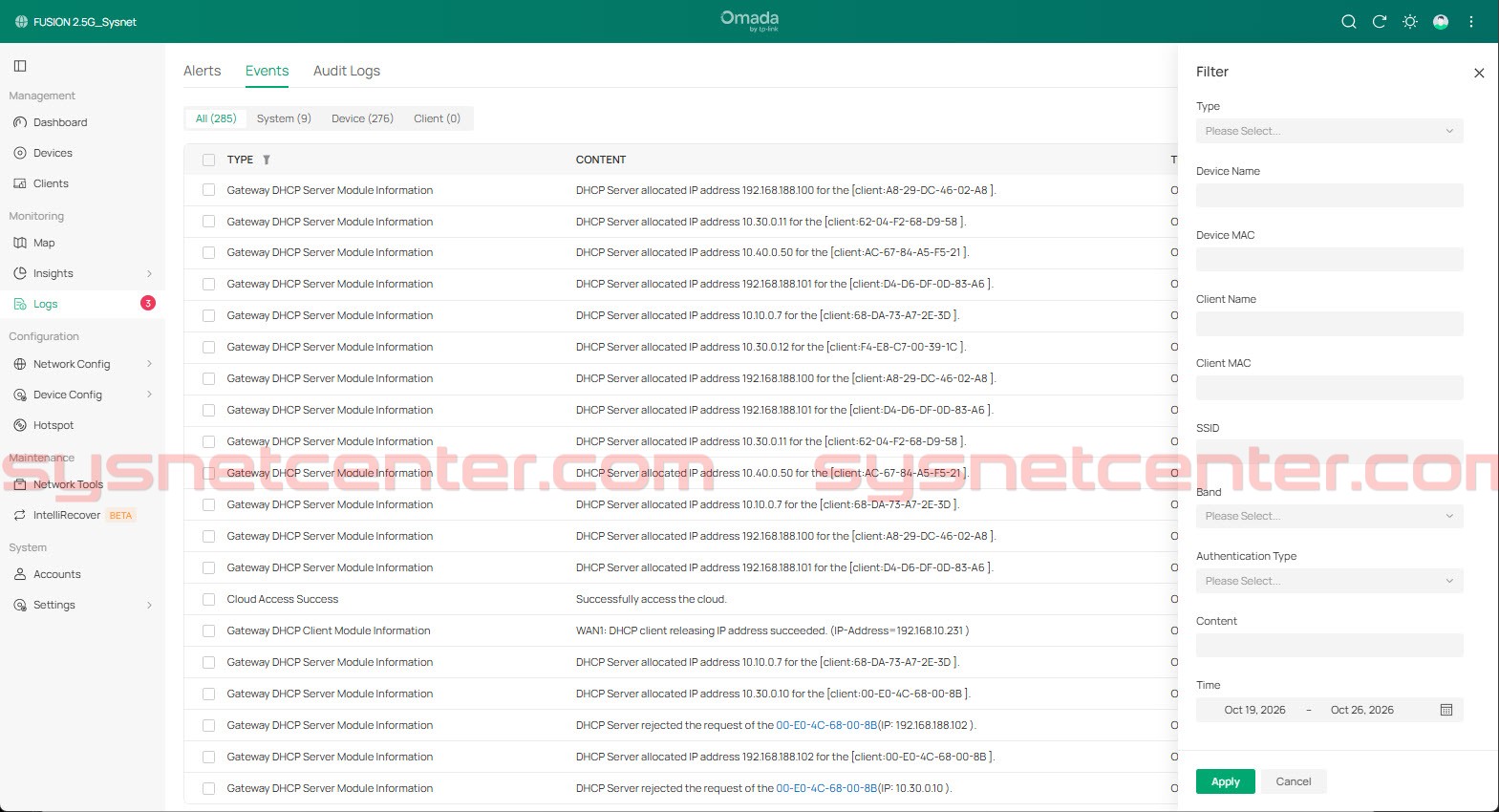 หน้า Event Log ใน Omada Fusion Controller