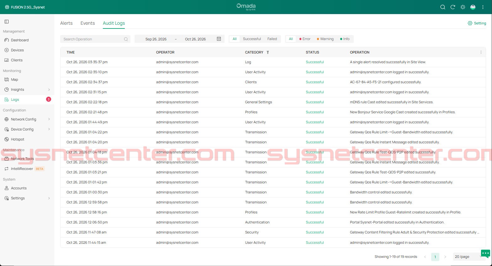 หน้า Audit Log ของ Omada Fusion Controller