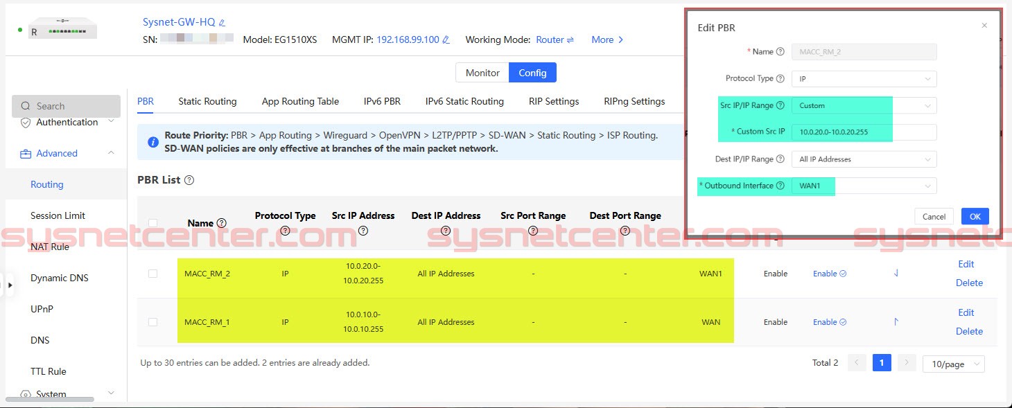 ตั้งค่า Fixed Egress VLAN 10 ออก WAN0 และ VLAN 20 ออก WAN1 บน Reyee Gateway